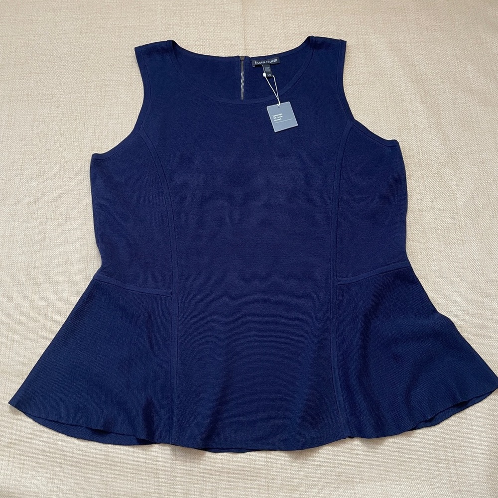 Eileen Fisher Navy Silk Cotton Interlock Knit Back Zipper Sleeveless Blouse